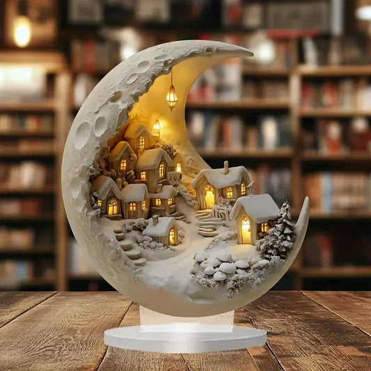 2D Acrylic Moonhouse Christmas Ornament – LED Lighted Snow Village Decoration