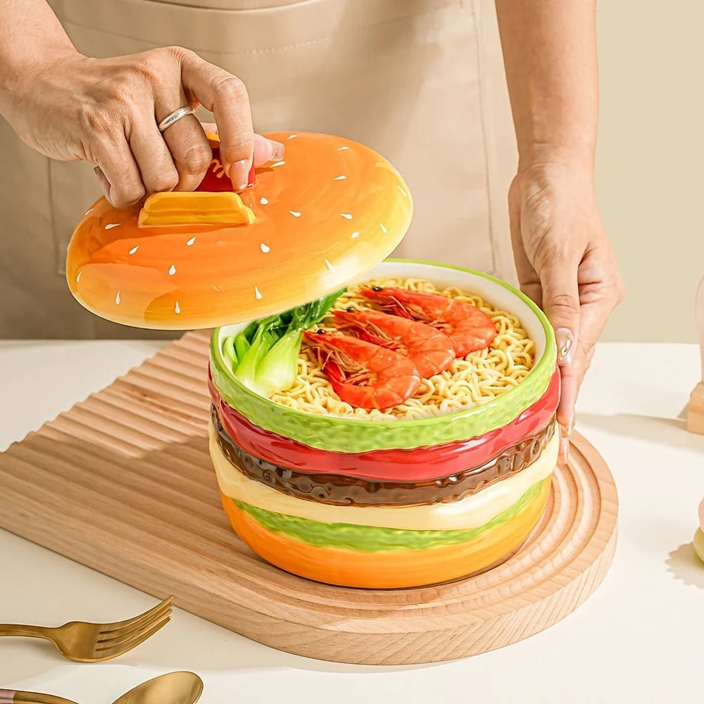 Burger-Shaped Ceramic Bowl with Lid