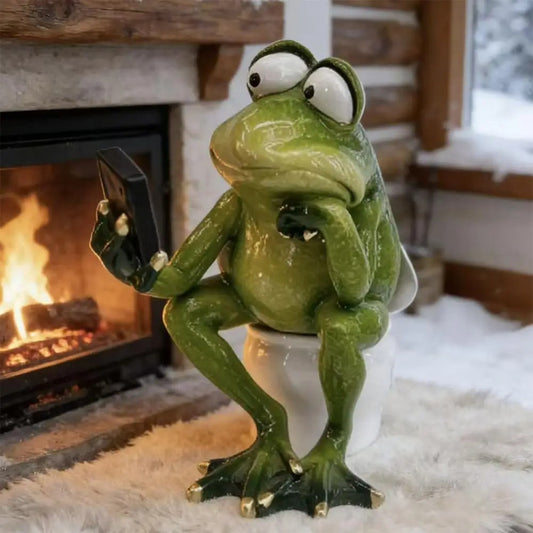 Phone-Scrolling Frog on Toilet Figurine