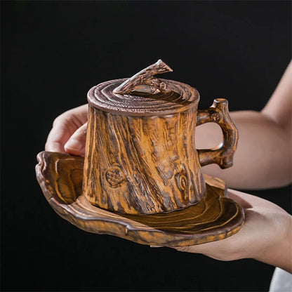 Rustic Wood-Look Ceramic Mug with Lid & Coaster