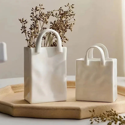 Nordic Handbag Vase – White Ceramic Flower Vase