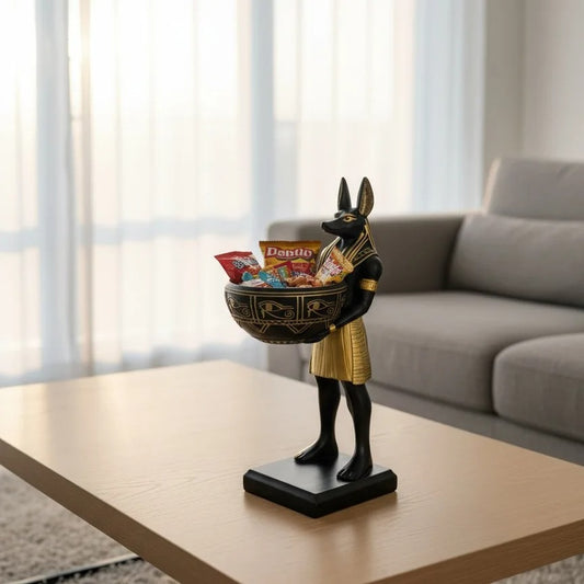 Ancient Egyptian Anubis Statue with Decorative Bowl