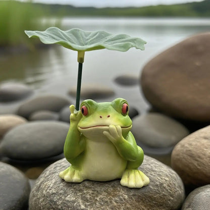 Whimsical Frog with Lotus Leaf Umbrella Resin Statue