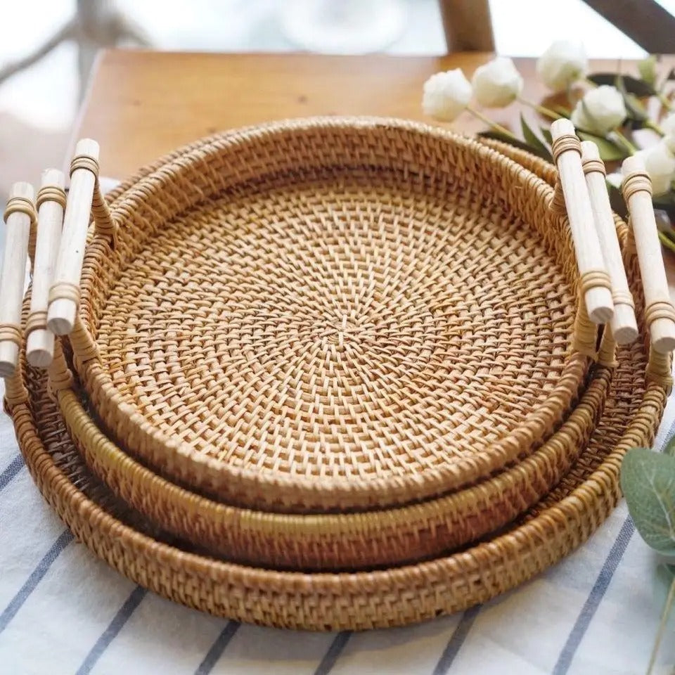 Handwoven Rattan Serving Tray with Handles