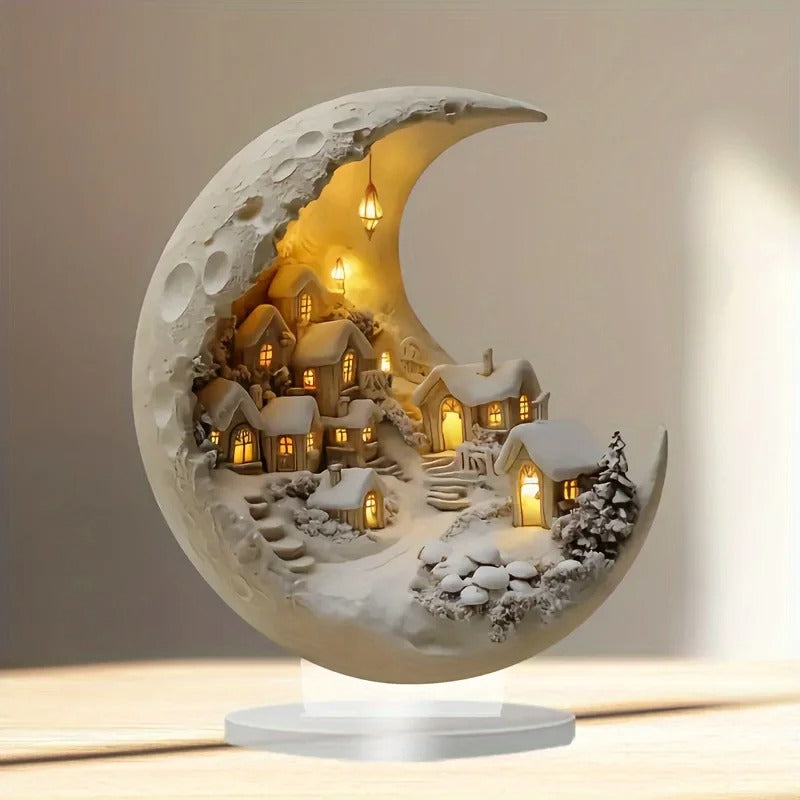 2D Acrylic Moonhouse Christmas Ornament – LED Lighted Snow Village Decoration