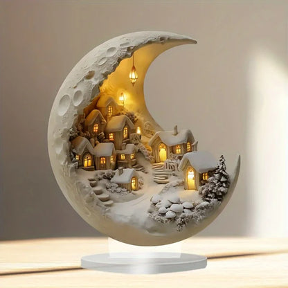 2D Acrylic Moonhouse Christmas Ornament – LED Lighted Snow Village Decoration