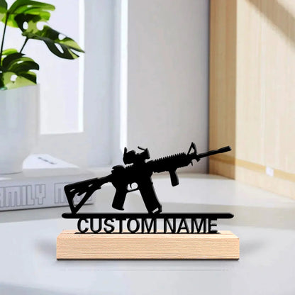 Personalized Rifle Metal Name Sign with Wooden Base