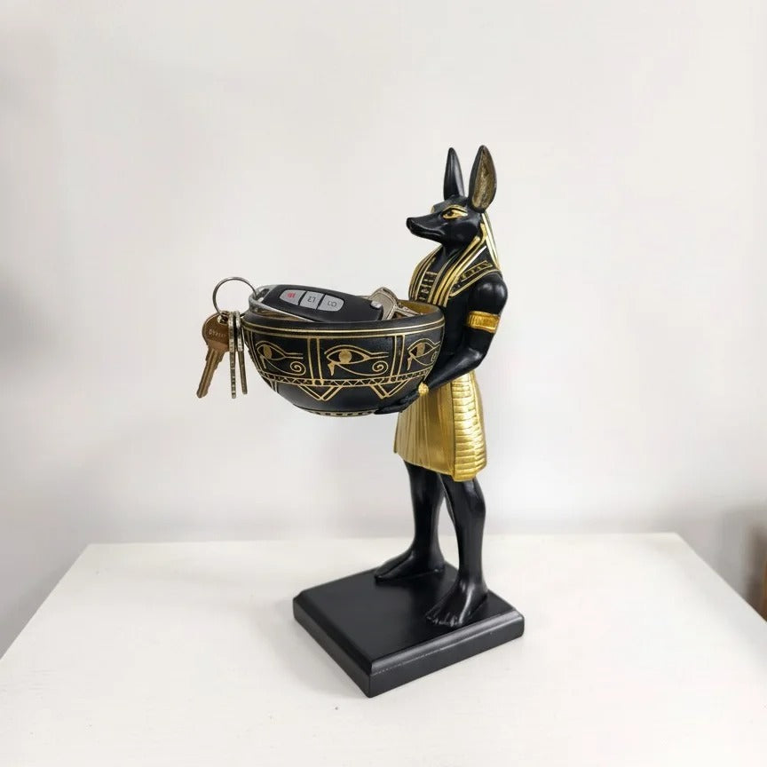 Ancient Egyptian Anubis Statue with Decorative Bowl