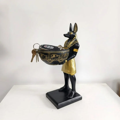 Ancient Egyptian Anubis Statue with Decorative Bowl
