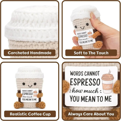 Crochet Coffee Plush Doll – Handmade Gift with Card