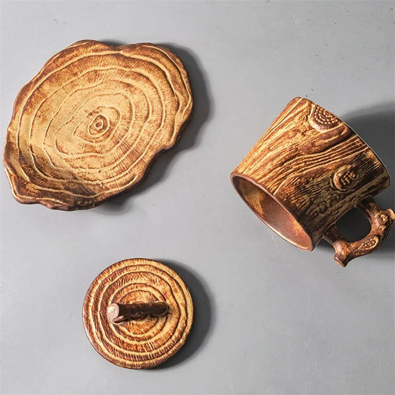 Rustic Wood-Look Ceramic Mug with Lid & Coaster