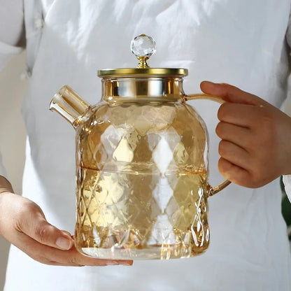 1L Glasteekanne mit Deckel und Filter – Bernsteinfarbener Teekessel für Blüten- oder Früchtetee