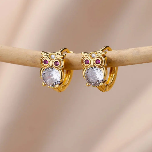 Crystal Owl Hoop Earrings