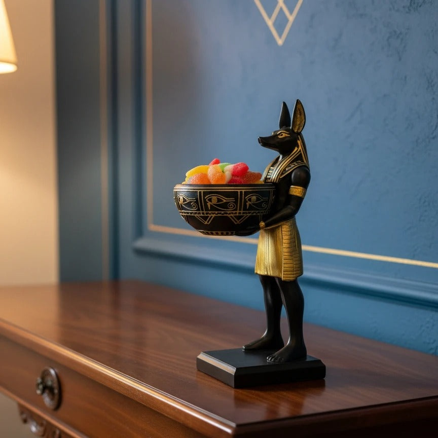 Ancient Egyptian Anubis Statue with Decorative Bowl