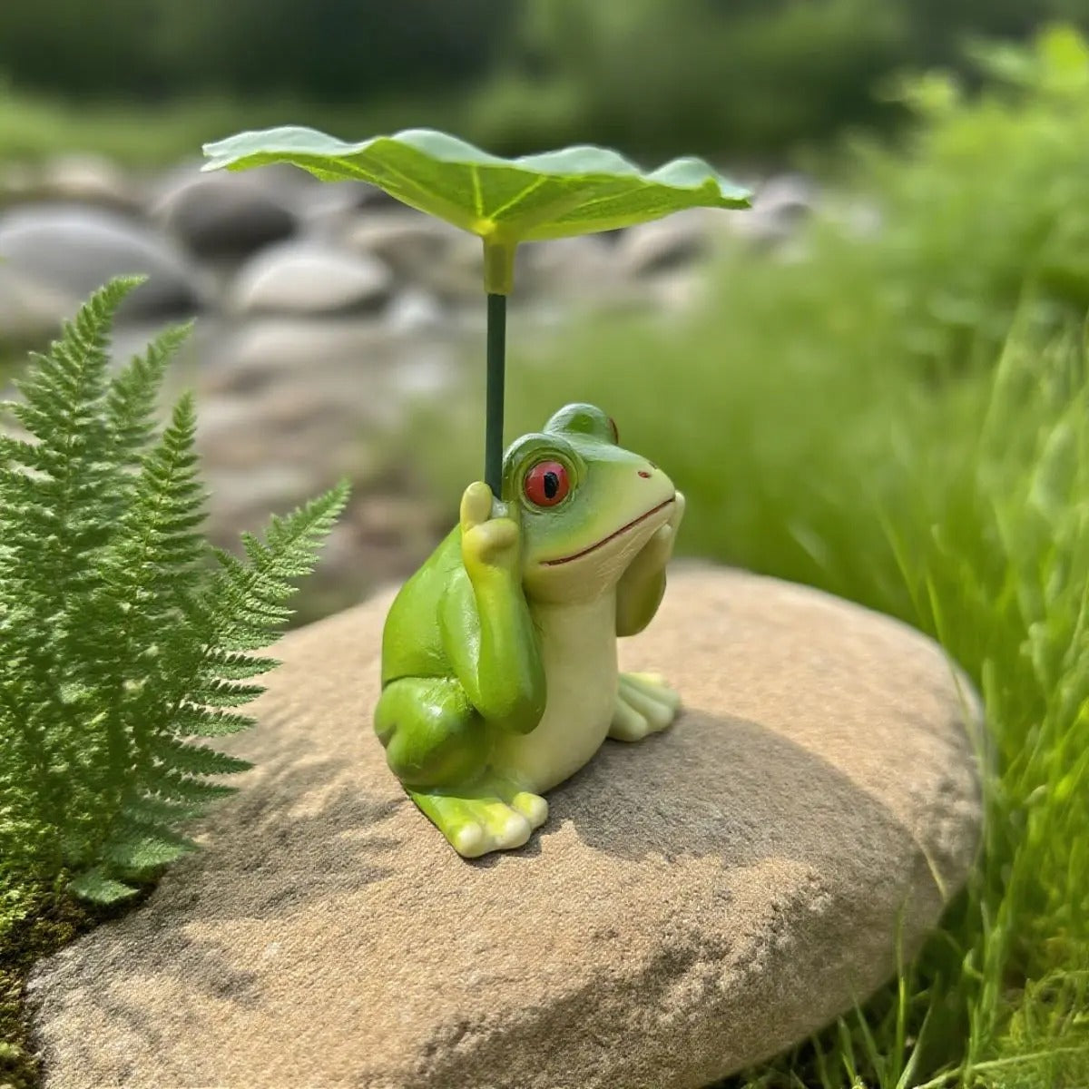 Whimsical Frog with Lotus Leaf Umbrella Resin Statue