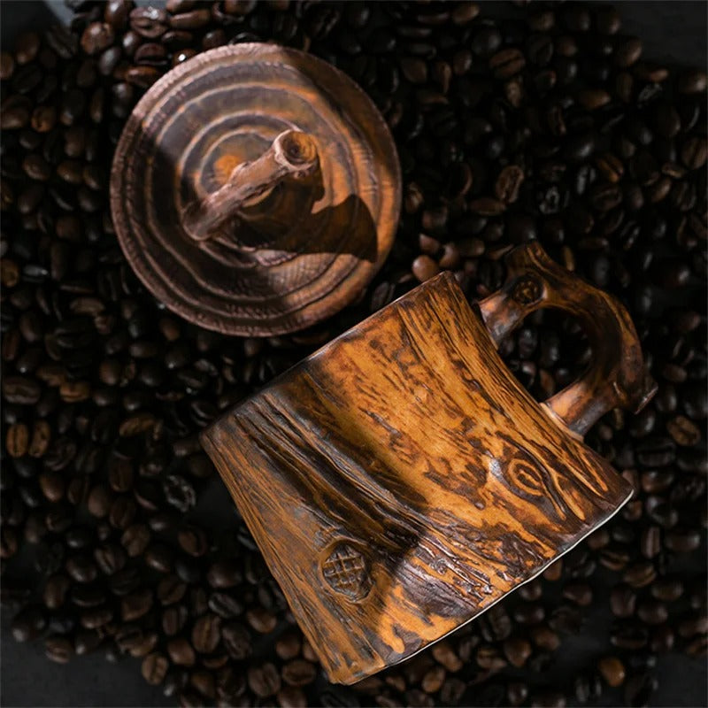 Rustic Wood-Look Ceramic Mug with Lid & Coaster