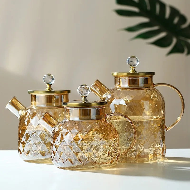 1L Glass Teapot with Lid and Filter – Amber Tea Kettle for Blooming or Fruit Tea