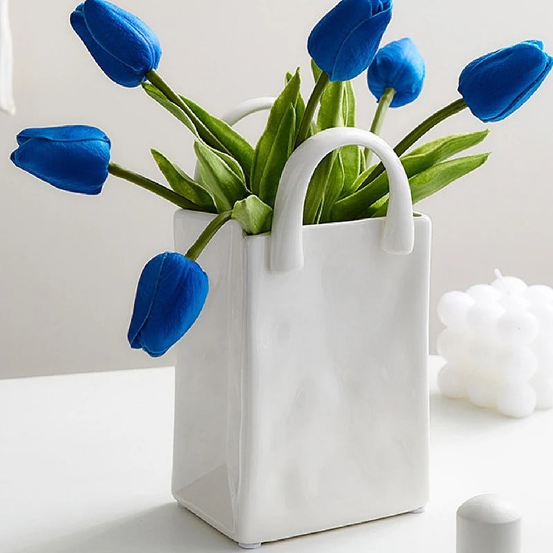 Nordic Handbag Vase – White Ceramic Flower Vase