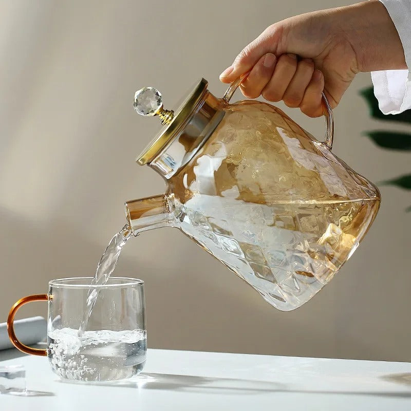 1L Glasteekanne mit Deckel und Filter – Bernsteinfarbener Teekessel für Blüten- oder Früchtetee