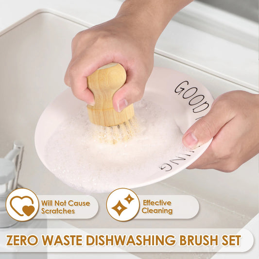 Wooden Dish Brush Set with Long Handle - 4 Brush Heads Included