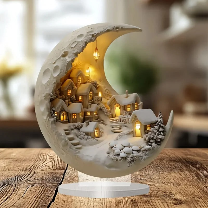 2D Acrylic Moonhouse Christmas Ornament – LED Lighted Snow Village Decoration