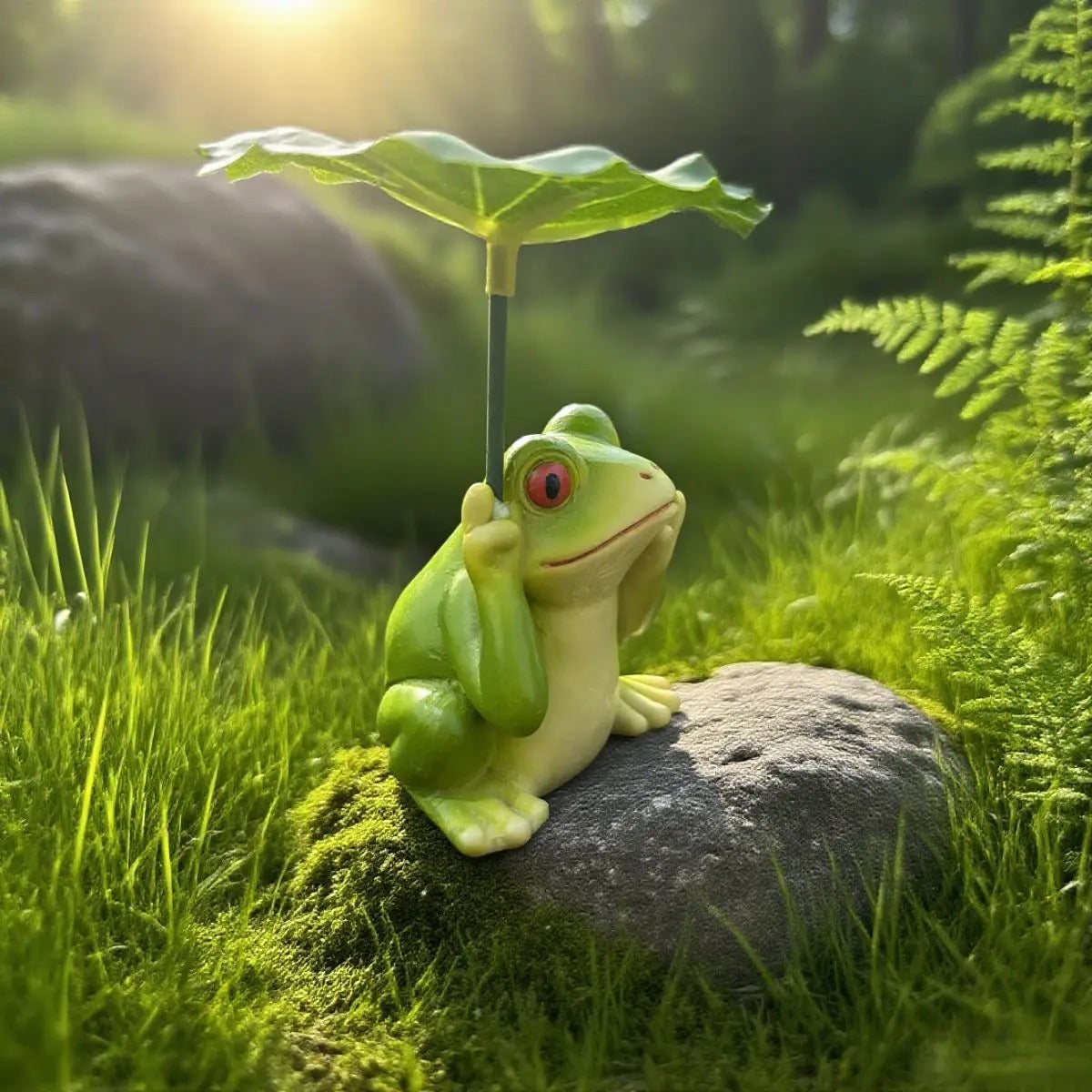 Whimsical Frog with Lotus Leaf Umbrella Resin Statue