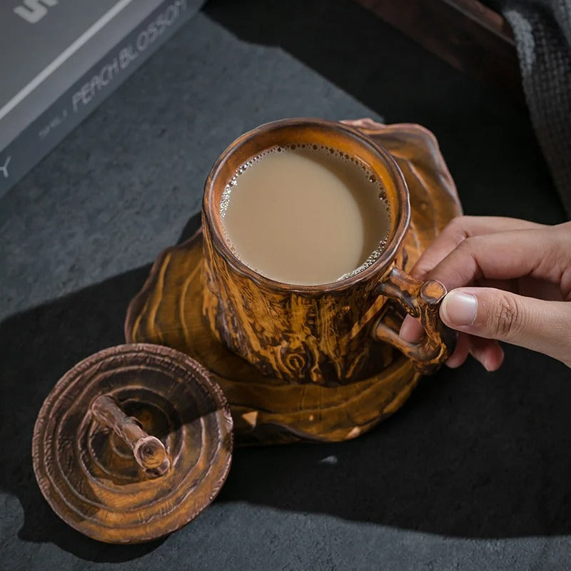 Rustic Wood-Look Ceramic Mug with Lid & Coaster