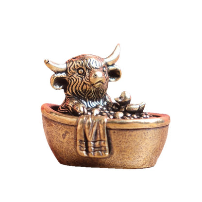 Antique Brass Highland Cow Bathtub Figurine with Duck