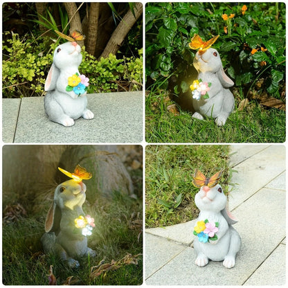 Solar Bunny Statue Garden Decor with Butterfly LED Light