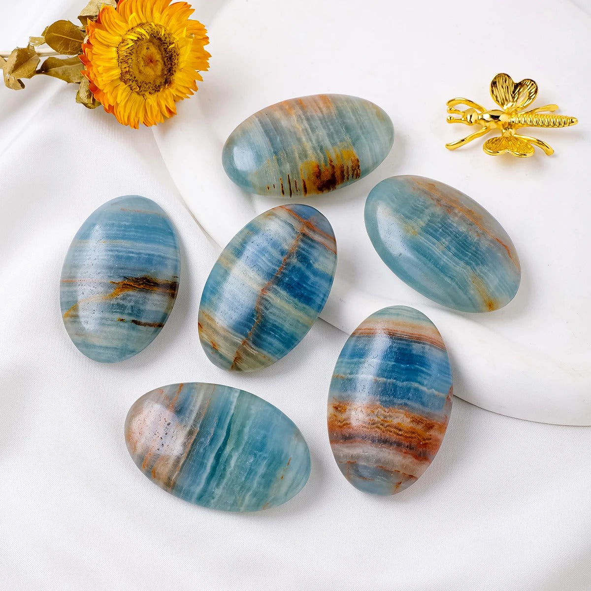 Random 3 Piece Natural Blue Onyx Palm Stone Set