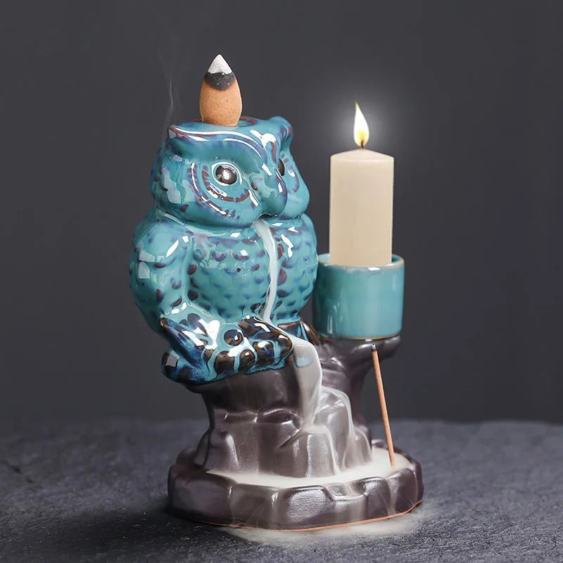 Ceramic Owl Backflow Incense Burner & Candle Holder
