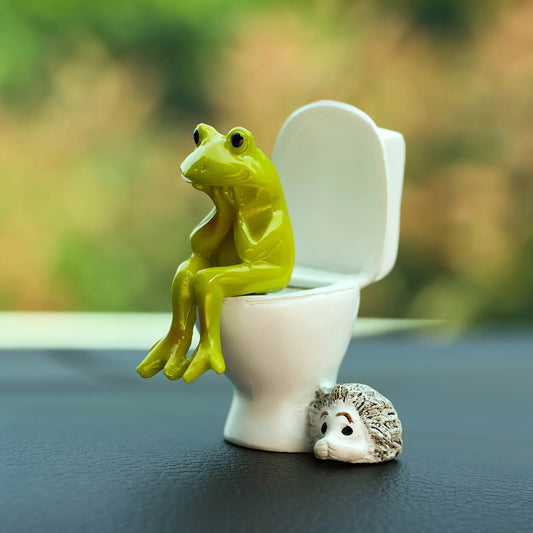 Mini Frog on Toilet Figurine with Hedgehog