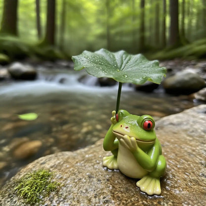 Whimsical Frog with Lotus Leaf Umbrella Resin Statue