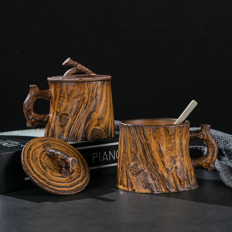 Rustic Wood-Look Ceramic Mug with Lid & Coaster