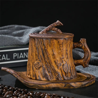 Rustic Wood-Look Ceramic Mug with Lid & Coaster