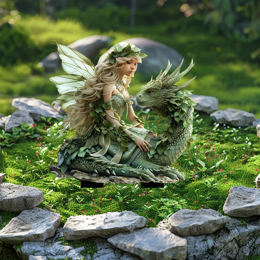 Charming Green Fairy & Dragon Garden Statue