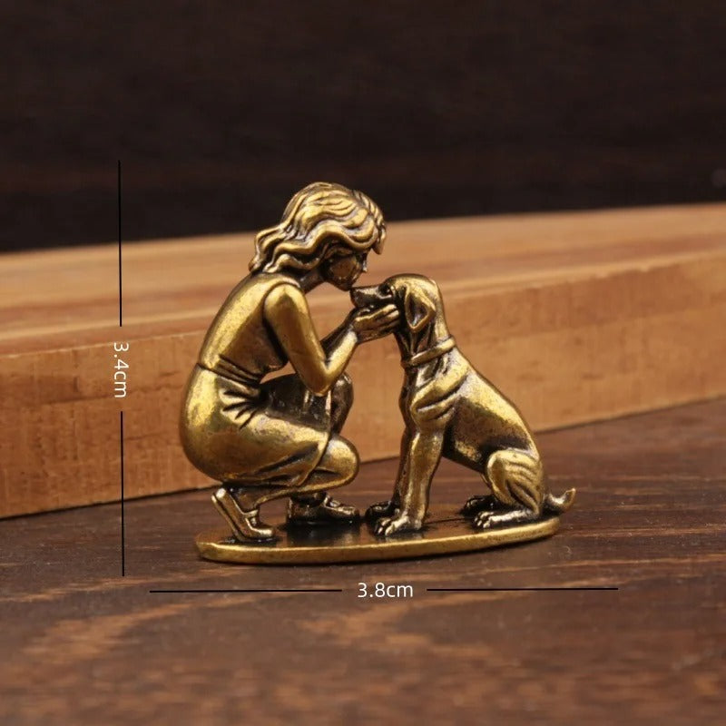 Miniature lady and dog figurine measuring approximately 3.8 by 3.4 centimeters